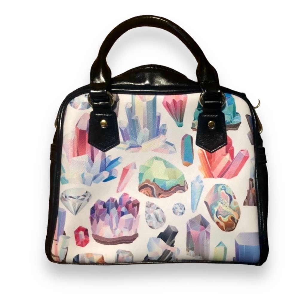 Crystal Print Vibrant Colors White Black Handles Shoulder Strap Bowler Bag Purse